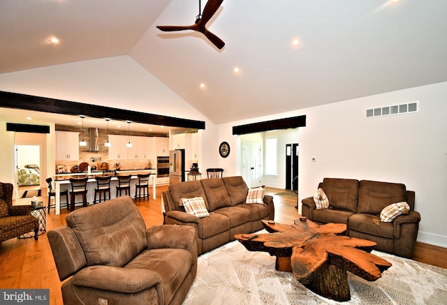 130 Schultz Rd, Sellersville, PA 18960 - living area featuring a ceiling fan, light wood-type flooring, high vaulted ceiling, and recessed lighting