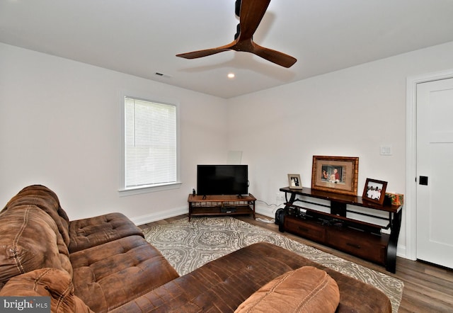 130 Schultz Rd, Sellersville, PA 18960 - living room featuring wood finished floors, ceiling fan, recessed lighting, and baseboards