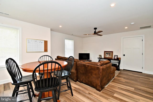 130 Schultz Rd, Sellersville, PA 18960 - dining space featuring light wood-style floors, recessed lighting, a ceiling fan, and baseboards