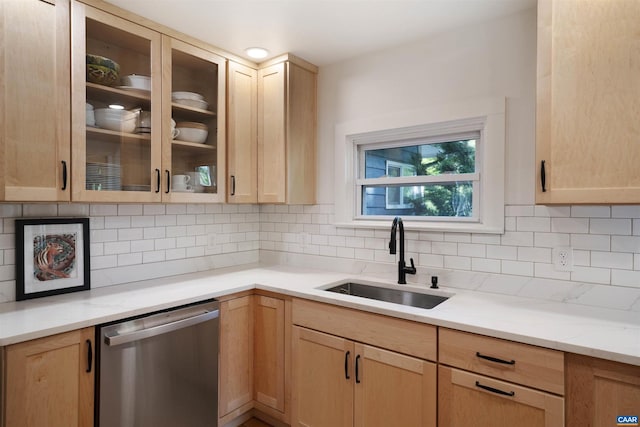 5629 Fitzgerald Rd, Charlottesville, VA 22903 - kitchen featuring dishwasher, a sink, light brown cabinetry, and tasteful backsplash