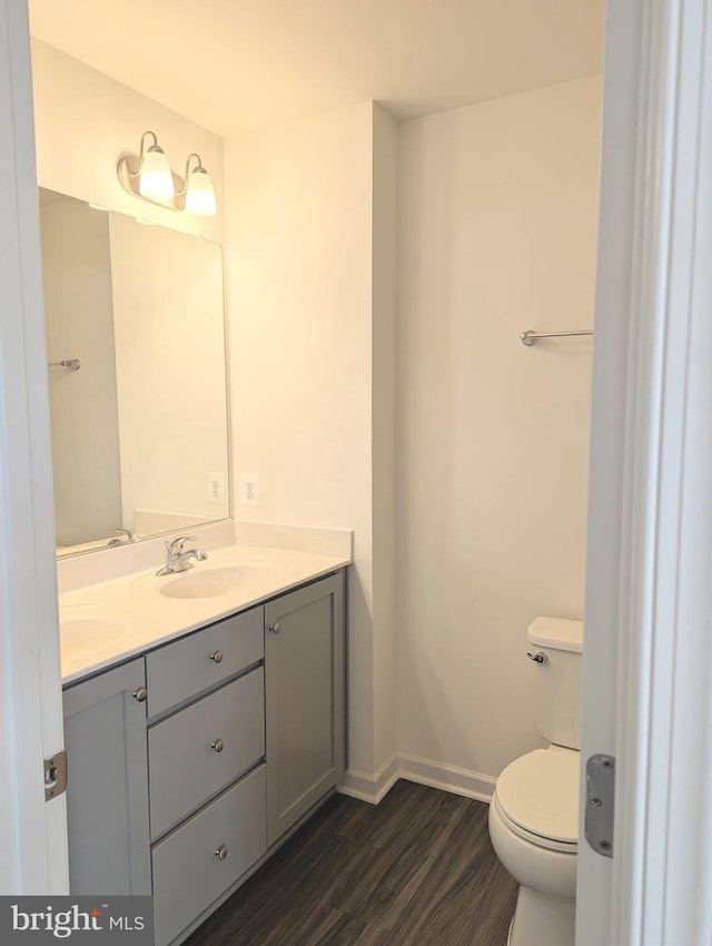 bathroom with wood finished floors, toilet, double vanity, and baseboards