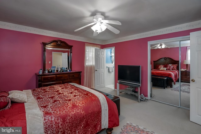 carpeted bedroom with ceiling fan