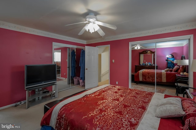 carpeted bedroom with a ceiling fan