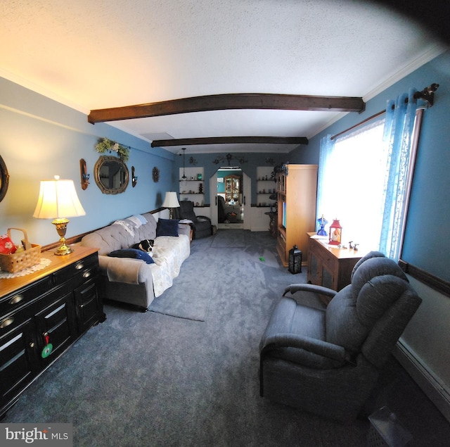 214 Alden Ave, Morrisville, PA 19067 - living room featuring carpet flooring, beam ceiling, and arched walkways
