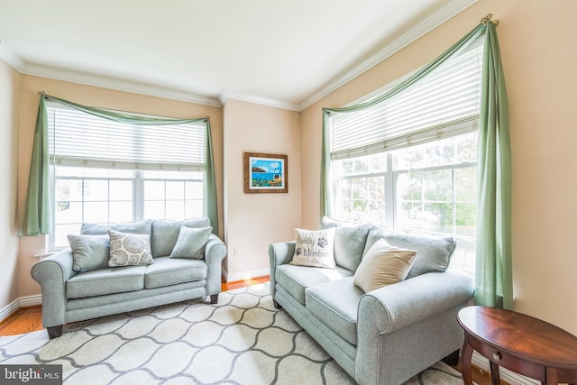 living area featuring plenty of natural light, wood finished floors, crown molding, and baseboards
