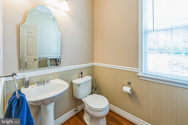 half bathroom featuring a wainscoted wall, toilet, and wood finished floors