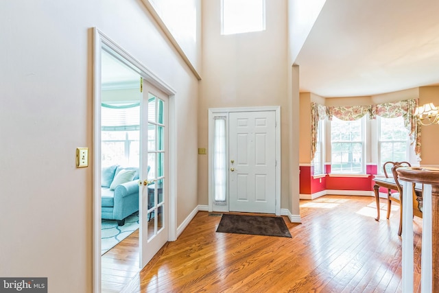 entrance foyer featuring wood finished floors, baseboards, and a high ceiling