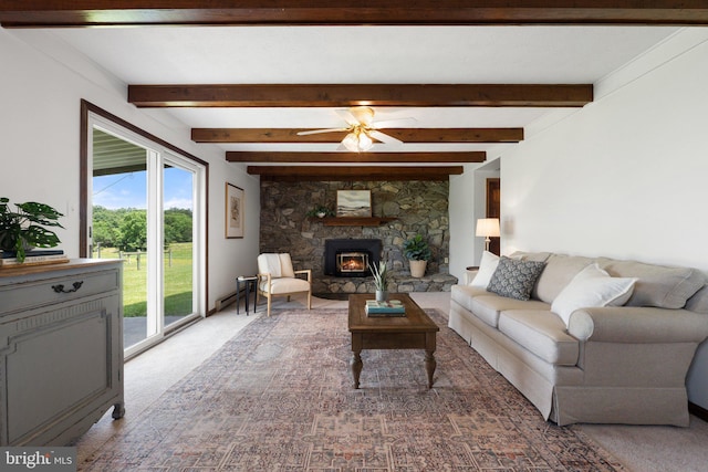 190 Chrismore Rd, White Post, VA 22663 - living room with a fireplace, carpet flooring, and beam ceiling
