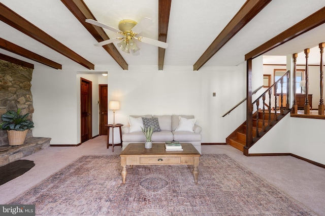 190 Chrismore Rd, White Post, VA 22663 - carpeted living area with stairs, a ceiling fan, and beamed ceiling
