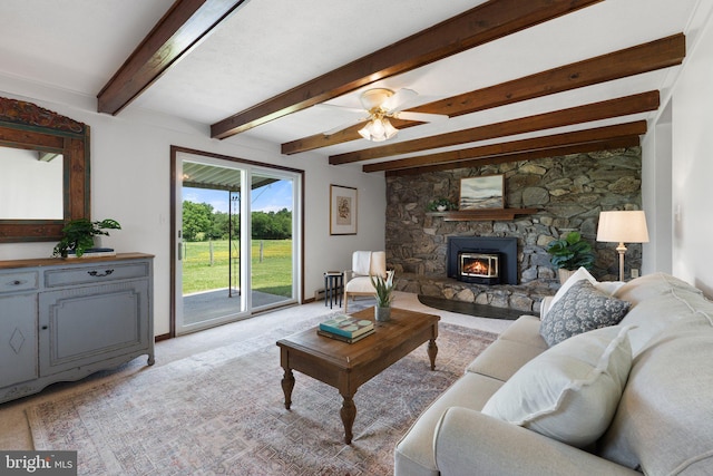 190 Chrismore Rd, White Post, VA 22663 - living area with light carpet, a fireplace, beamed ceiling, and ceiling fan