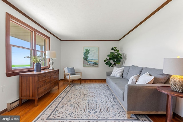190 Chrismore Rd, White Post, VA 22663 - living room with light wood-type flooring, ornamental molding, and baseboard heating