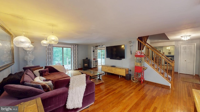8609 N Dr, Clinton, MD 20735 - living area featuring a wood stove, stairway, and wood-type flooring