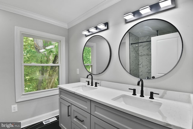 2218 Dairy Farm Rd, Gambrills, MD 21054 - bathroom with baseboards, a shower, crown molding, and double vanity