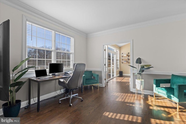 home office featuring wood finished floors, baseboards, and crown molding