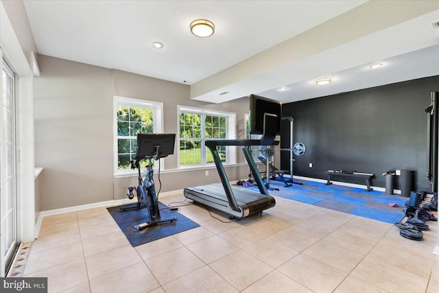 workout area with tile patterned floors, baseboards, recessed lighting, and carpet