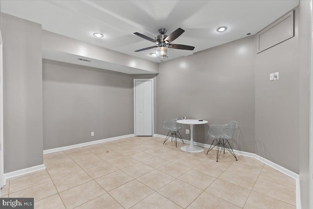 tiled dining space featuring ceiling fan, recessed lighting, and baseboards