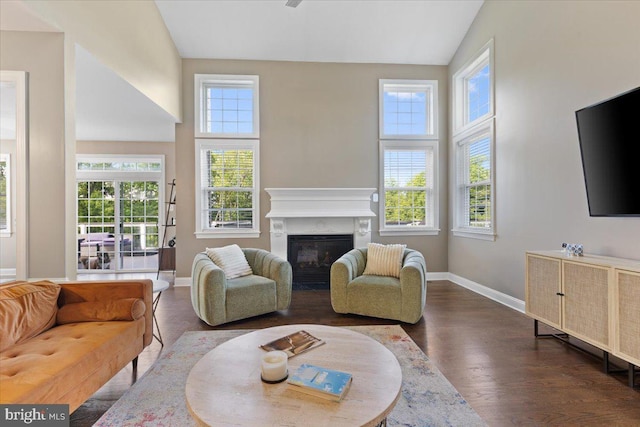 living room featuring plenty of natural light, baseboards, dark wood-style flooring, a glass covered fireplace, and high vaulted ceiling