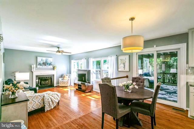 16068 Hayes Ln, Woodbridge, VA 22191 - dining room with a fireplace with flush hearth, a ceiling fan, and wood finished floors