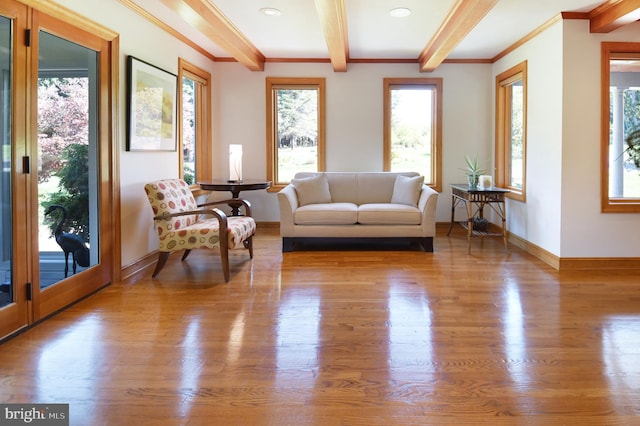 1402 Thurston Rd, Dickerson, MD 20842 - living room featuring beamed ceiling, wood finished floors, baseboards, ornamental molding, and recessed lighting