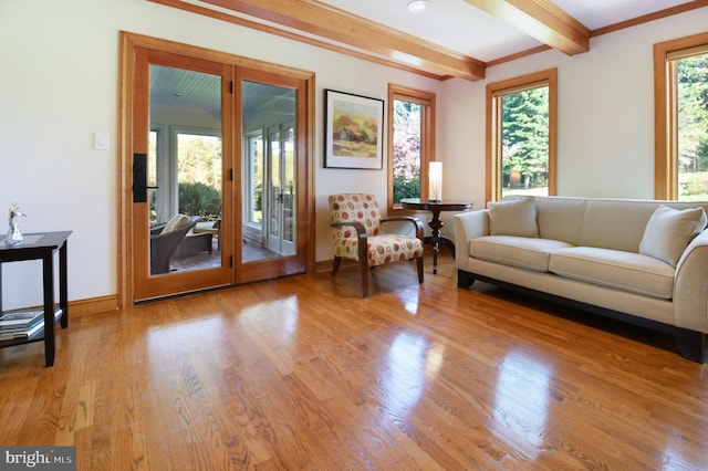 1402 Thurston Rd, Dickerson, MD 20842 - living area with beamed ceiling, wood finished floors, baseboards, and crown molding