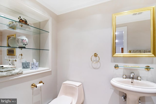 1402 Thurston Rd, Dickerson, MD 20842 - half bathroom featuring crown molding, backsplash, toilet, and a sink