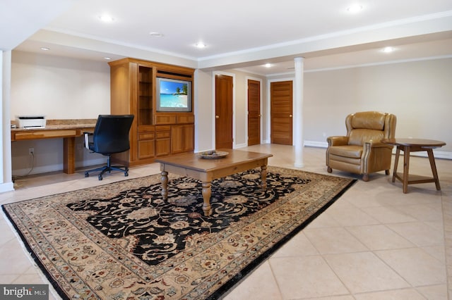 1402 Thurston Rd, Dickerson, MD 20842 - office featuring built in desk, baseboards, ornamental molding, recessed lighting, and light tile patterned floors