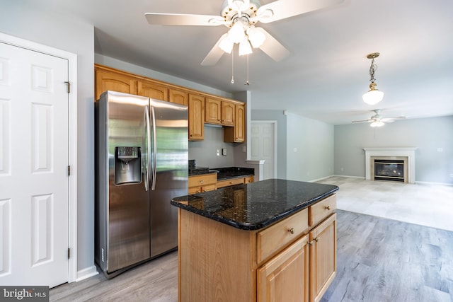 460 Preakness Run, Newark, DE 19702 - kitchen with stainless steel refrigerator with ice dispenser, a ceiling fan, light wood finished floors, and a kitchen island