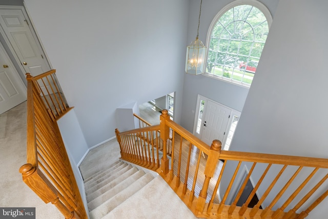 460 Preakness Run, Newark, DE 19702 - stairway featuring a chandelier, carpet floors, and a high ceiling