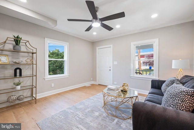 4914 22nd St N, Arlington, VA 22207 - living room with wood finished floors, a ceiling fan, crown molding, baseboards, and recessed lighting