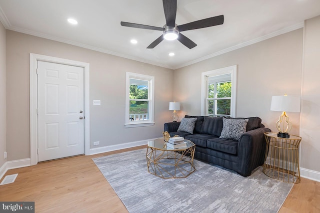 4914 22nd St N, Arlington, VA 22207 - living room with light wood-style floors, ceiling fan, baseboards, crown molding, and recessed lighting