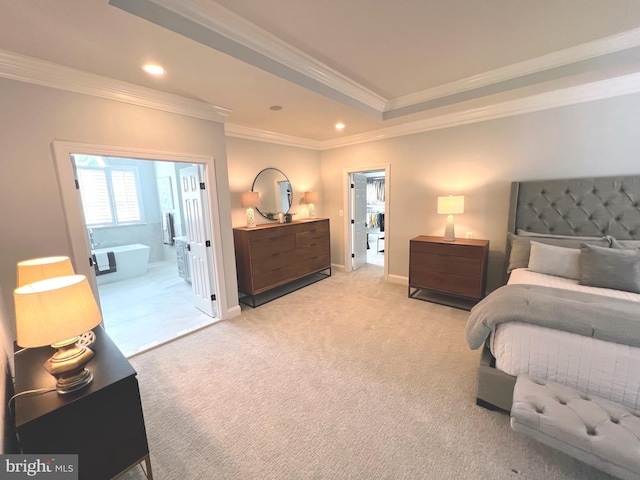 bedroom with ornamental molding, light carpet, recessed lighting, baseboards, and ensuite bathroom