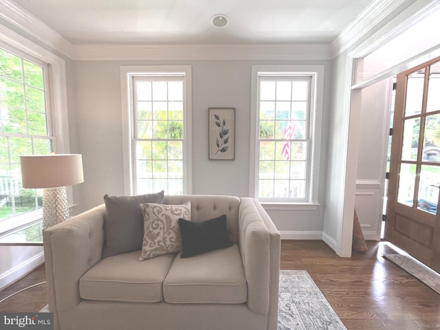 living area featuring healthy amount of natural light, baseboards, wood finished floors, and ornamental molding