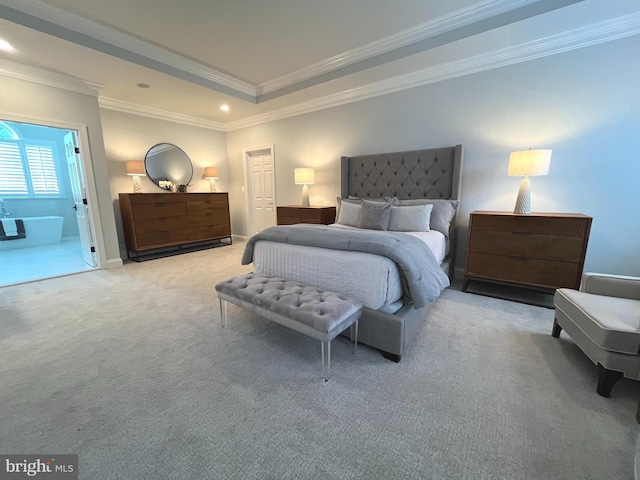 carpeted bedroom with crown molding, recessed lighting, and a tray ceiling