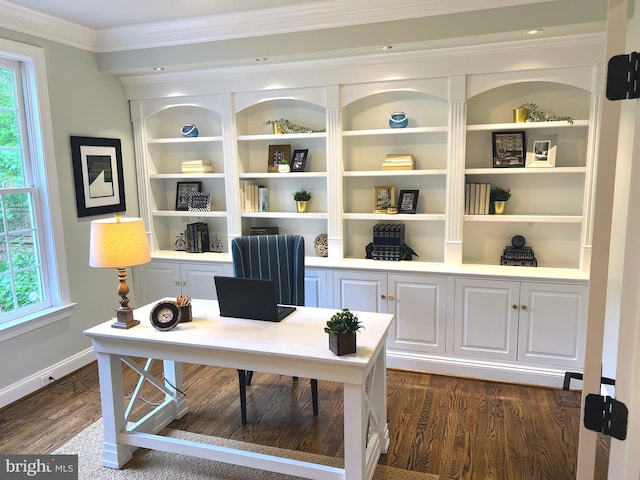 office featuring ornamental molding, dark wood-style flooring, and baseboards