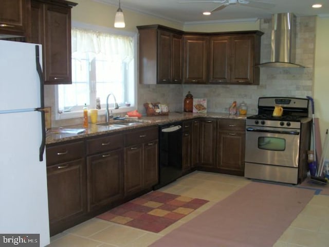 810 Hughes Dr, Hamilton, NJ 08690 - kitchen featuring freestanding refrigerator, stainless steel range with gas cooktop, wall chimney exhaust hood, dishwasher, and a sink