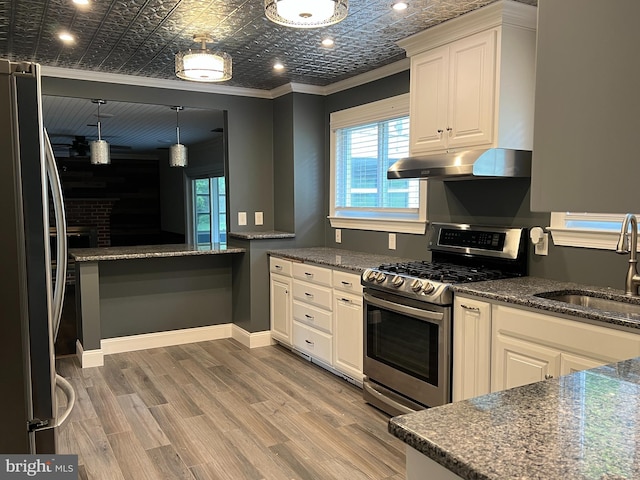 kitchen featuring appliances with stainless steel finishes, under cabinet range hood, a sink, crown molding, and healthy amount of natural light