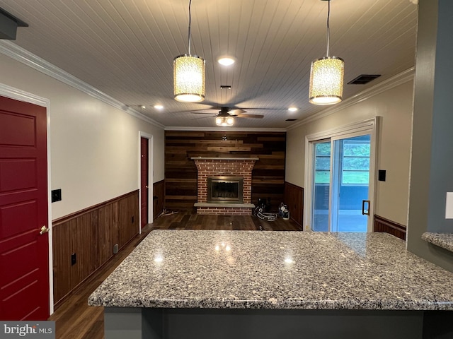 kitchen with wood walls, dark wood-type flooring, a ceiling fan, wainscoting, and stone countertops