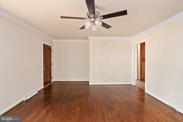 empty room featuring a baseboard radiator, ceiling fan, ornamental molding, wood finished floors, and baseboards