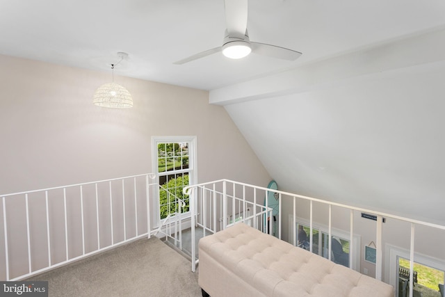 bonus room with carpet flooring, ceiling fan, and lofted ceiling