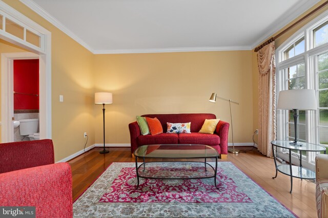 sitting room featuring ornamental molding, baseboards, and wood finished floors