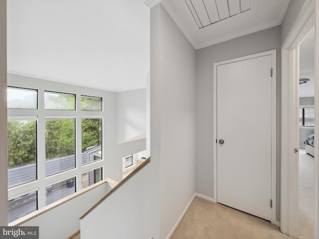 11041 Solaridge Dr, Reston, VA 20191 - corridor with light carpet, plenty of natural light, an upstairs landing, baseboards, and crown molding