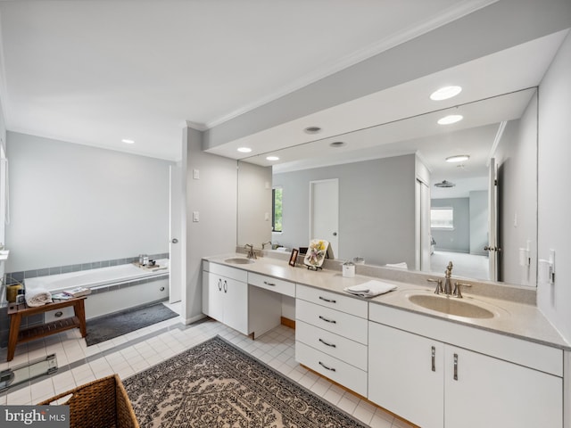 11041 Solaridge Dr, Reston, VA 20191 - bathroom with double vanity, a bath, tile patterned floors, ornamental molding, and recessed lighting