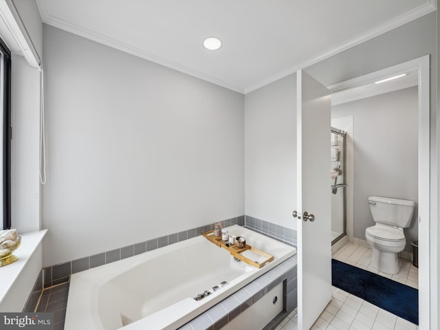 11041 Solaridge Dr, Reston, VA 20191 - full bathroom with a garden tub, toilet, ornamental molding, recessed lighting, and tile patterned flooring
