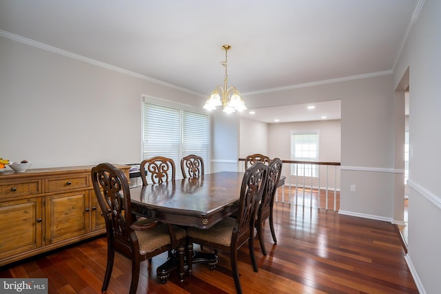 55 Cambridge Way, Princeton Junction, NJ 08550 - dining space with a chandelier, dark wood finished floors, crown molding, baseboards, and recessed lighting