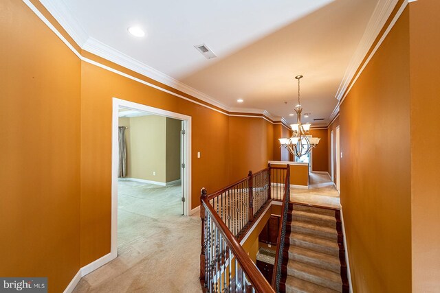 15602 Sir Edwards Dr, Upper Marlboro, MD 20772 - corridor featuring an upstairs landing, carpet, ornamental molding, a chandelier, and recessed lighting
