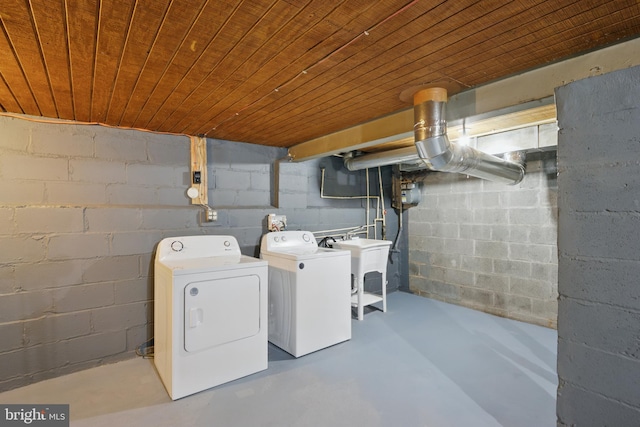 washroom featuring washer and clothes dryer and wood ceiling