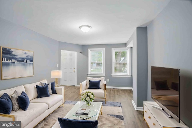 living area featuring wood finished floors and baseboards