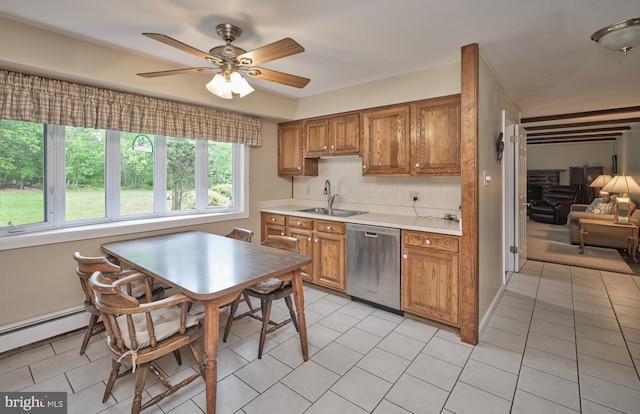 kitchen with stainless steel dishwasher, a sink, light tile patterned floors, light countertops, and brown cabinets
