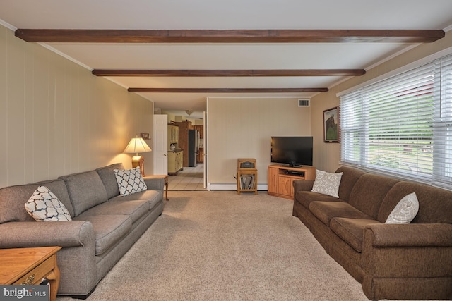 living area with beam ceiling, carpet floors, a baseboard heating unit, and wooden walls