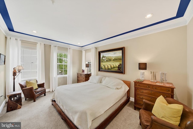 bedroom with ornamental molding, light colored carpet, baseboards, and recessed lighting